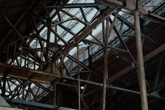 Inside view of an industrial warehouse's steel framework in Pingtung, Taiwan.